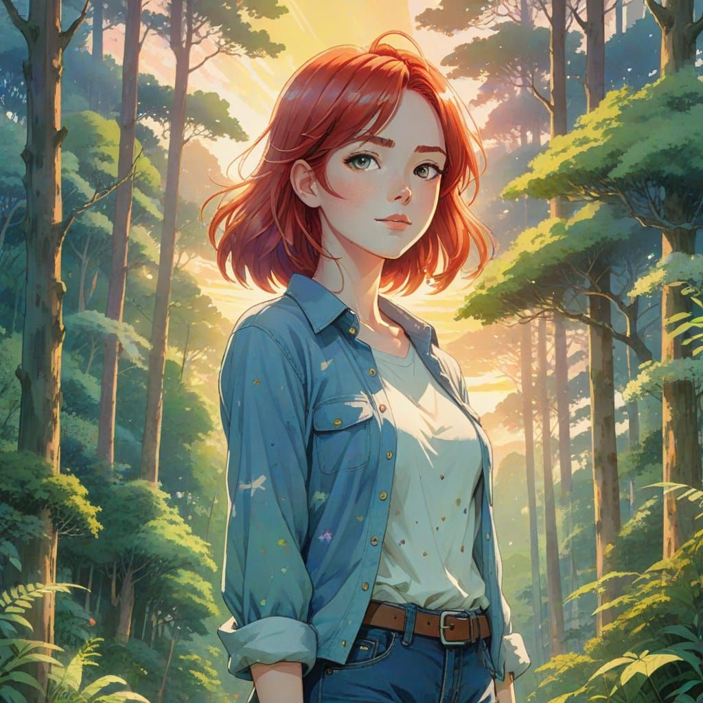 Redhead in Magical Forest: Manga Watercolor Art