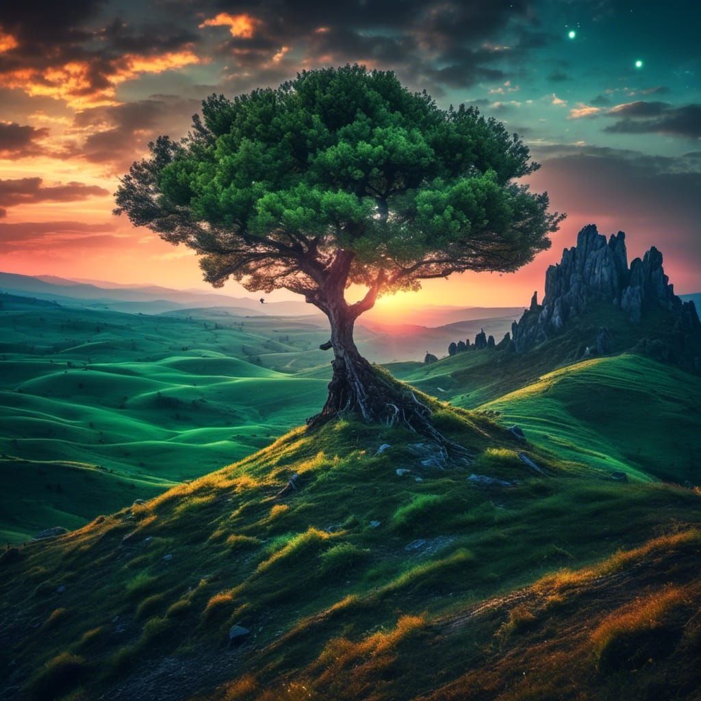 Mystical Sunset: Tree on Hill in Golden Light