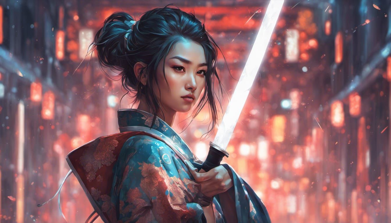 Futuristic Asian Samurai Girl with Katana, Hyperdetailed Art