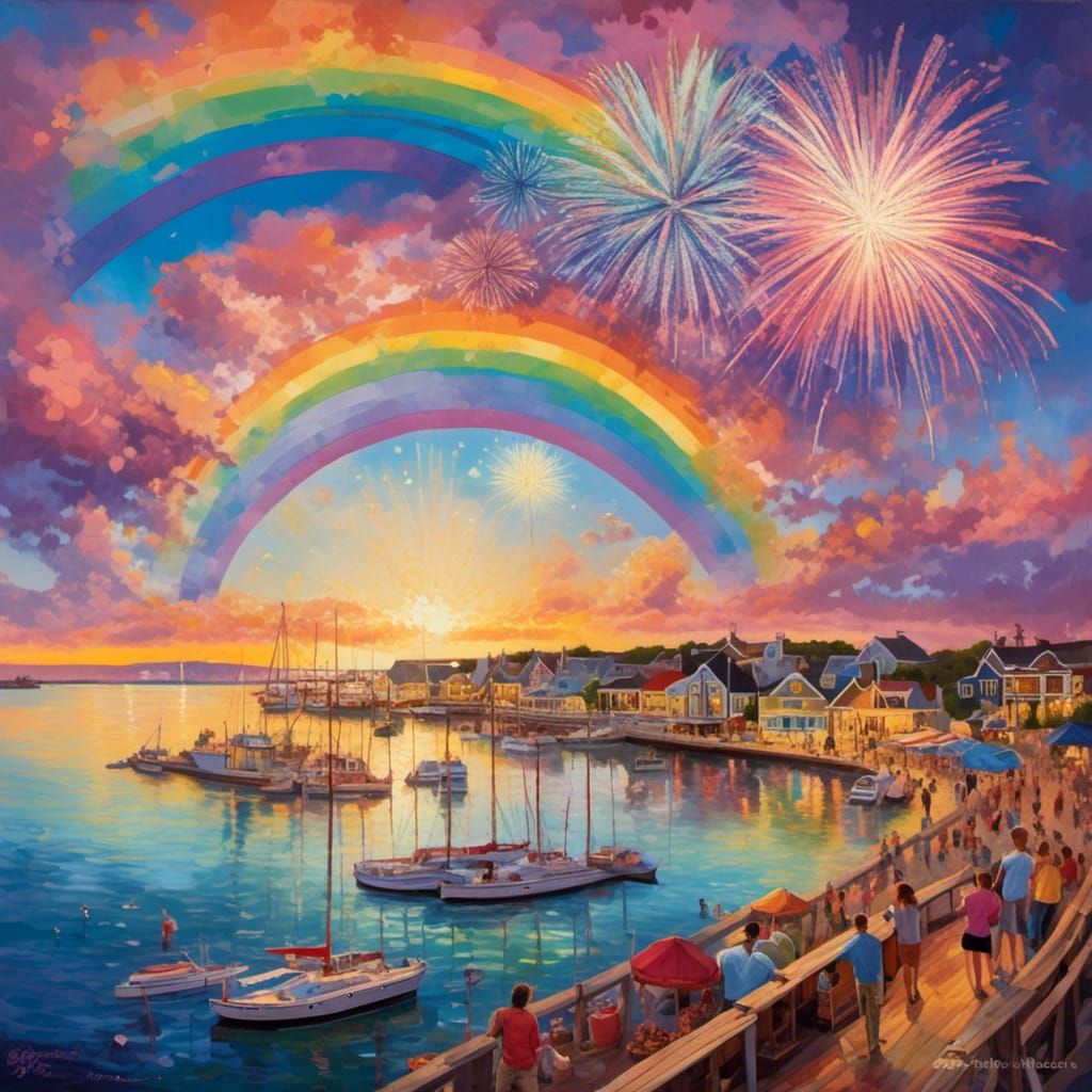 Provincetown Pride: Fireworks Over Harbor in Art Nouveau Sty...