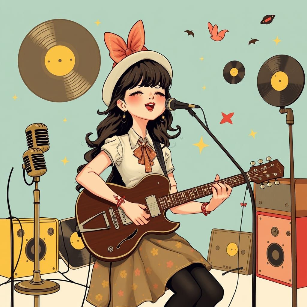 Vintage Singer with Guitar in Manga Art Style