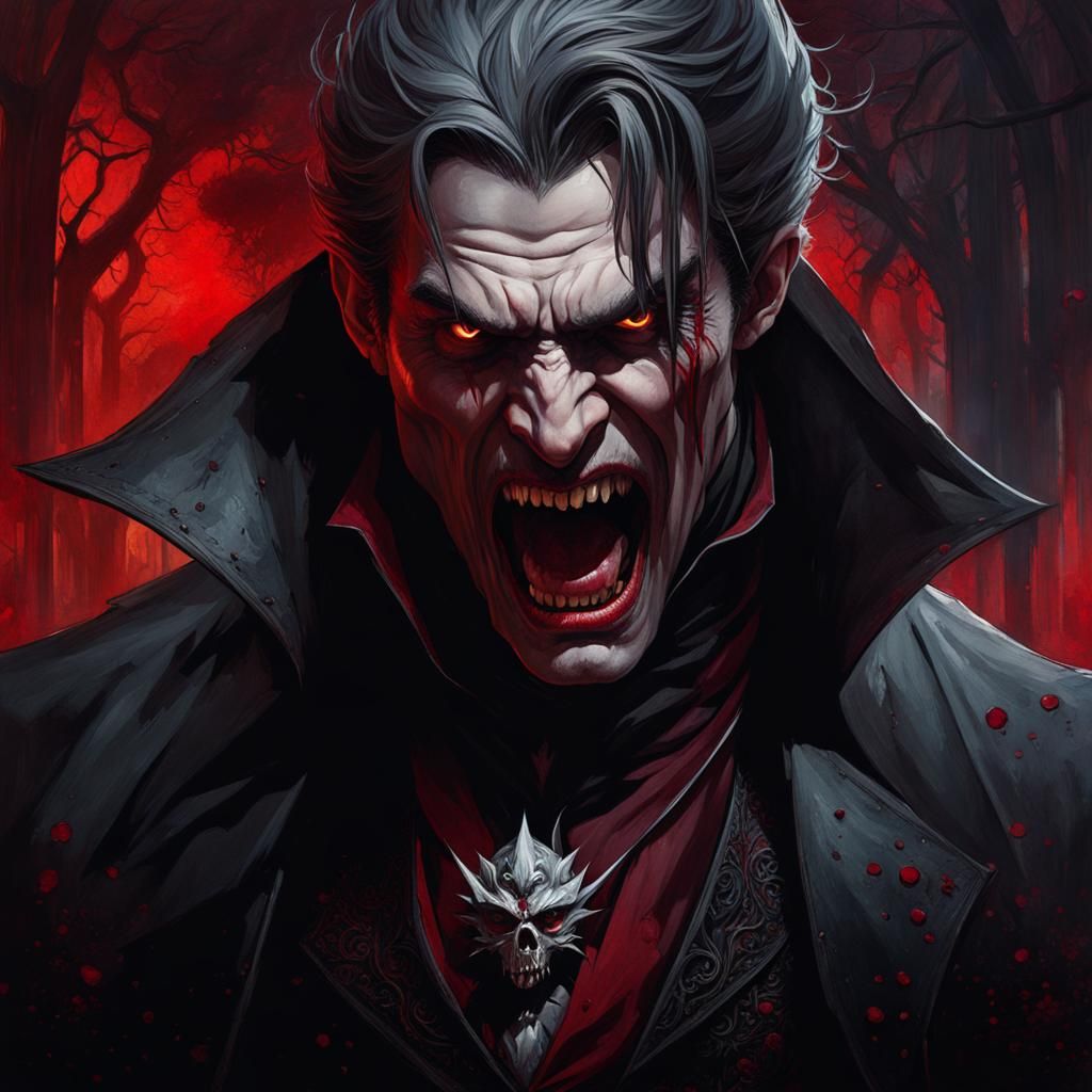 Snarling Vampire in Gothic Moonlight: Oil Painting