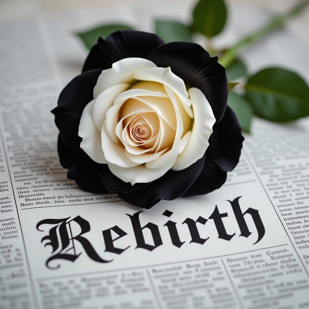 Black and White Rose on Newspaper With 'REBIRTH'