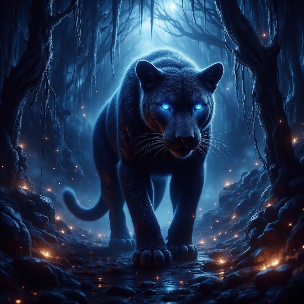 Moonlit Panther in Jungle with Mystical Realism