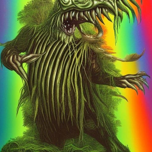 Colorful Swamp Monster Emerges Under a Rainbow