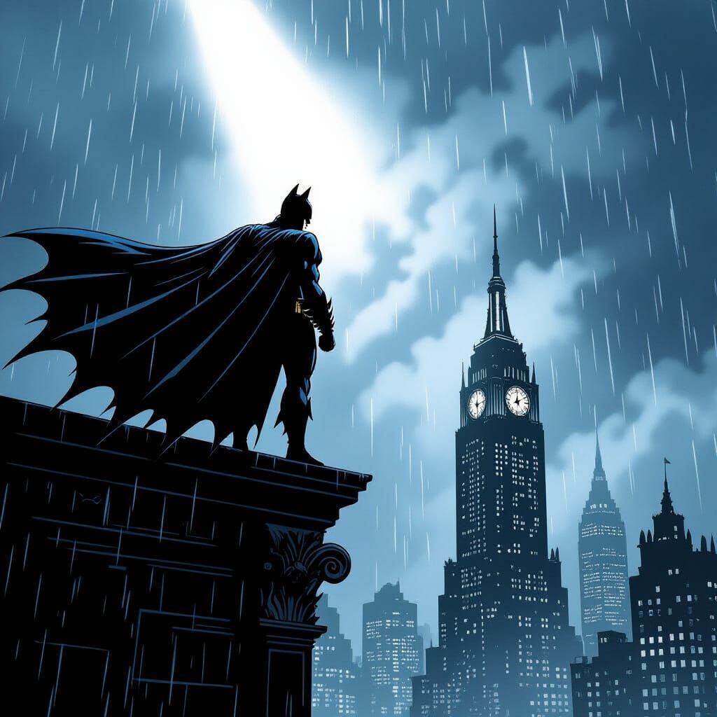Batman Poses Dramatically on Skyscraper in Stormy Gotham