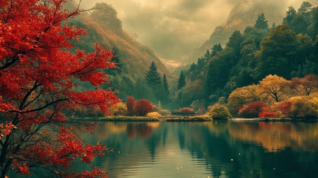 Vibrant Autumn Garden in Kyoto with Mountain Views