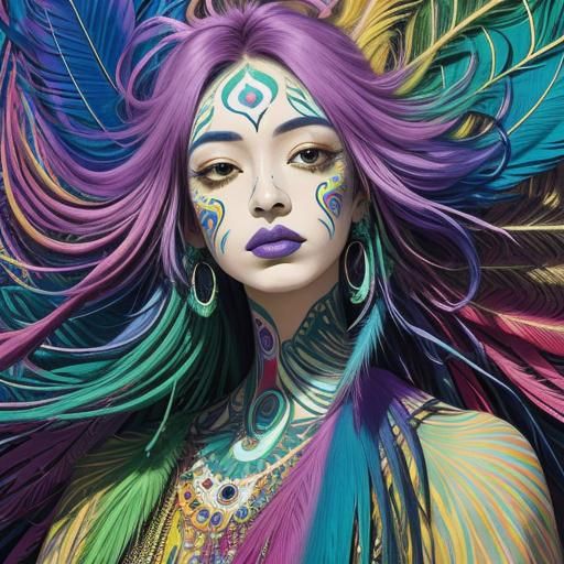 Rainbow Woman with Peacock Feathers, Abstract Expressionism