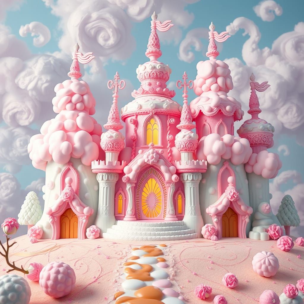 A grand palace sculpted from cotton candy