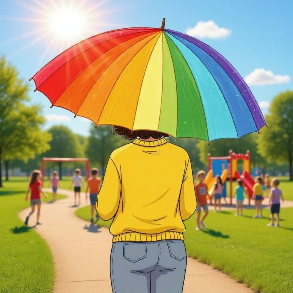Mother Protects with Rainbow Umbrella