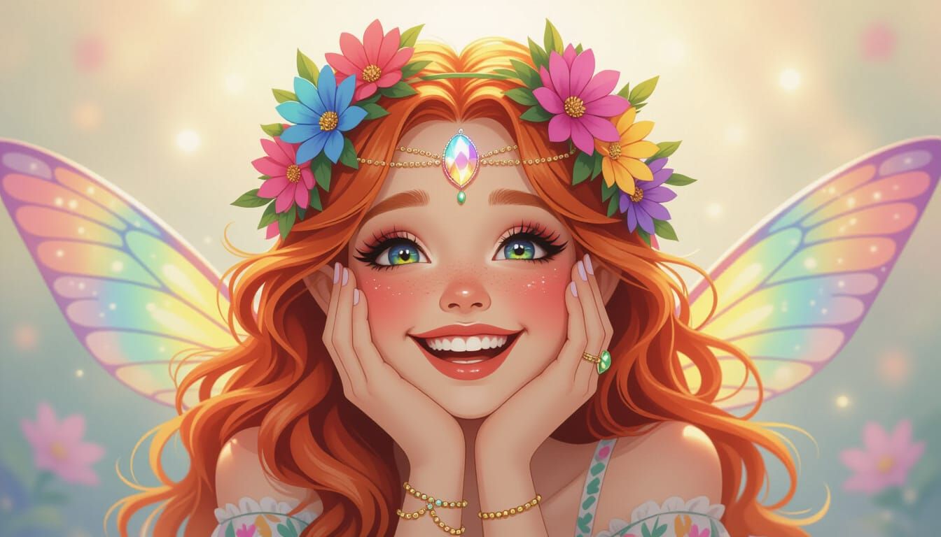 Joyful Ginger Spring Faerie with Rainbow Flower Crown