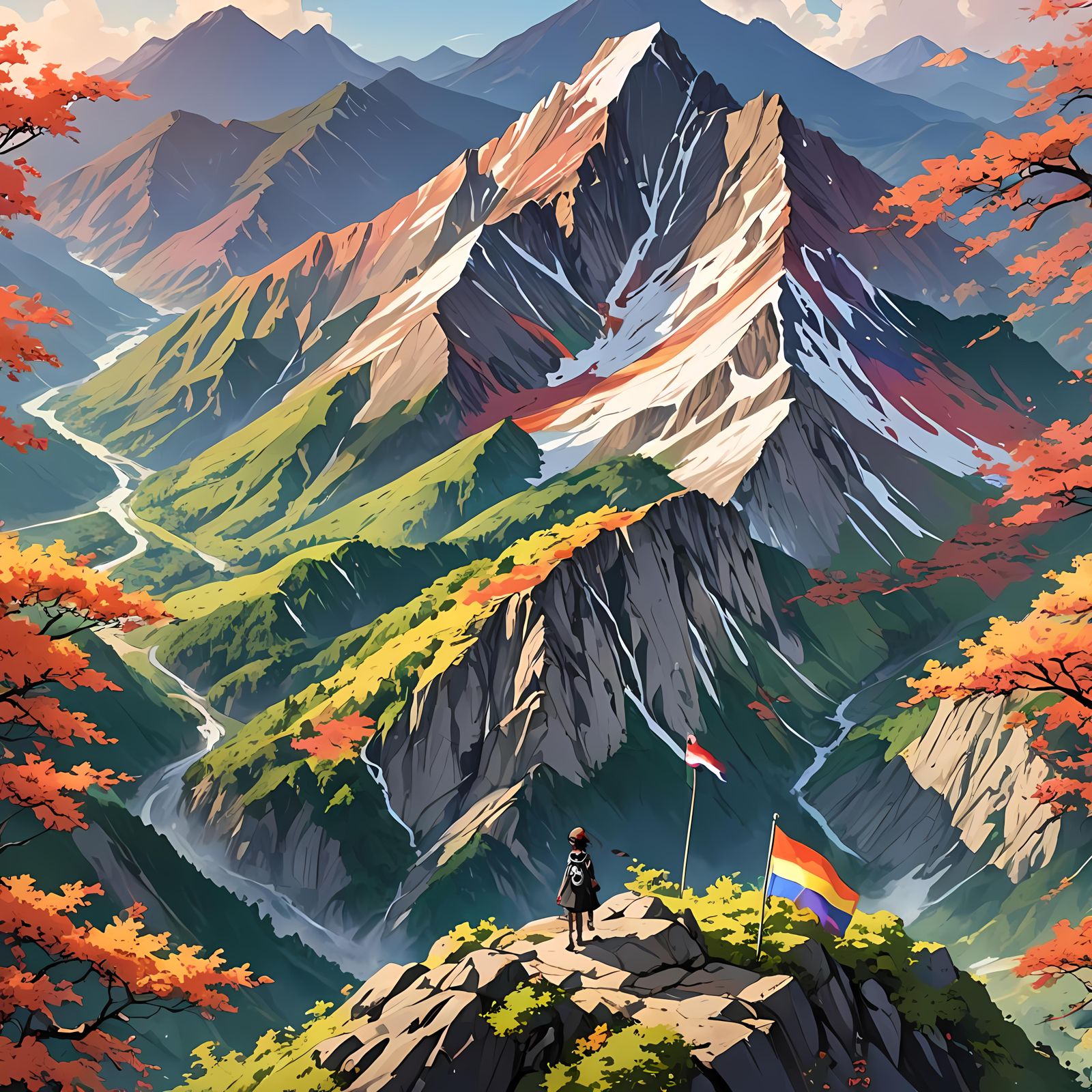Lesbian Flag Colors on Mountain, in Anime Style