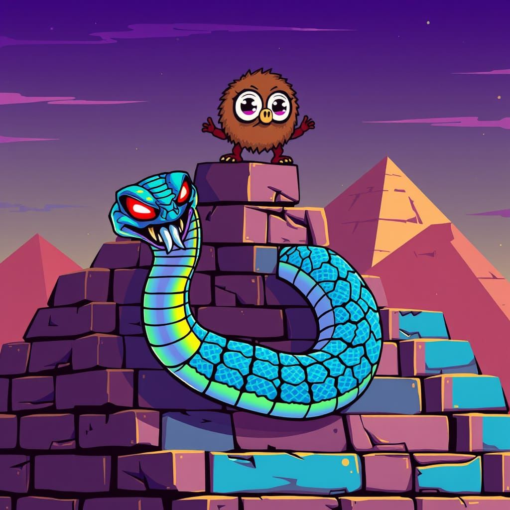 Retro-Futuristic Arcade Scene with Snake and Fuzzball