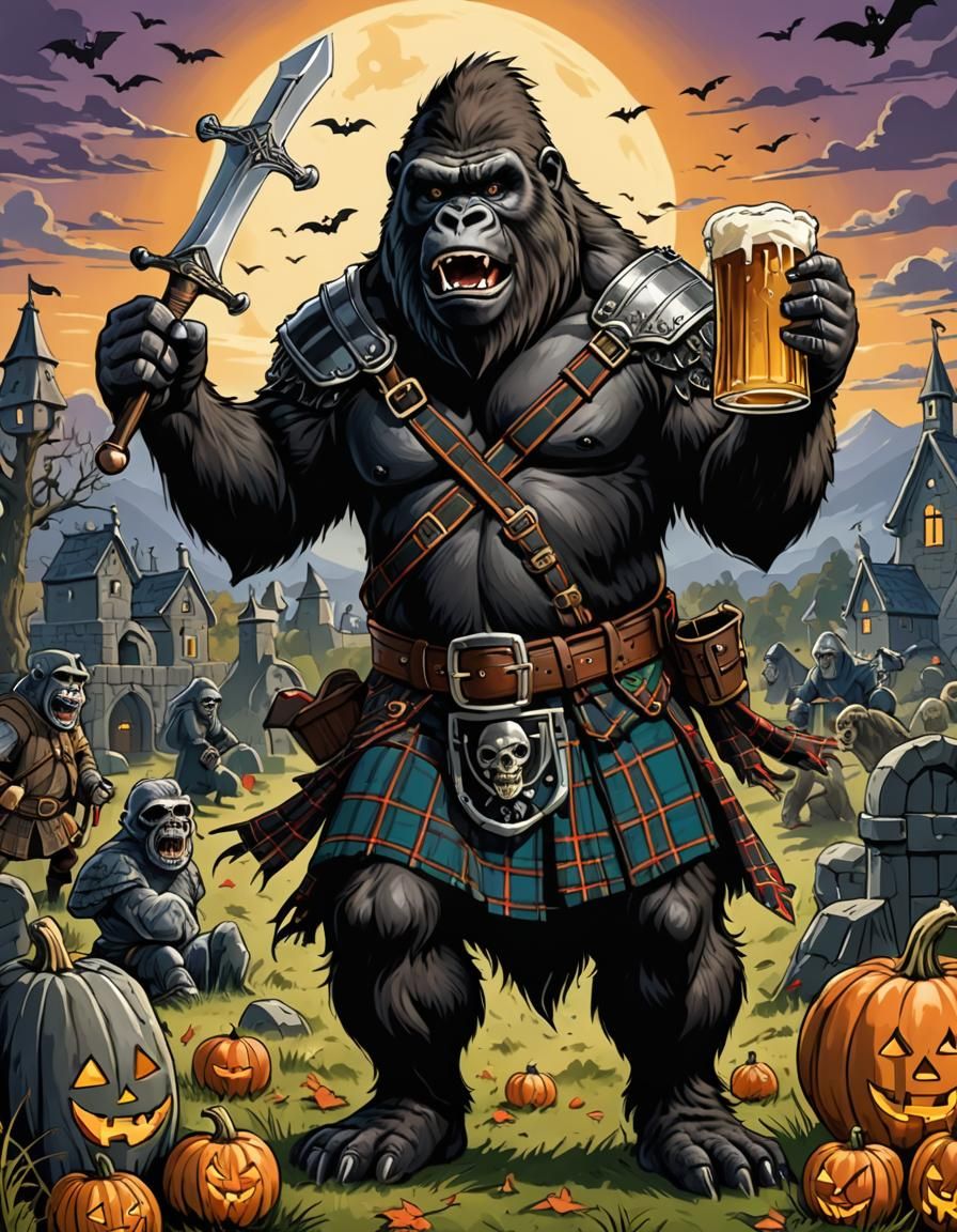 Halloween Gorilla in Kilt with Braveheart Sword