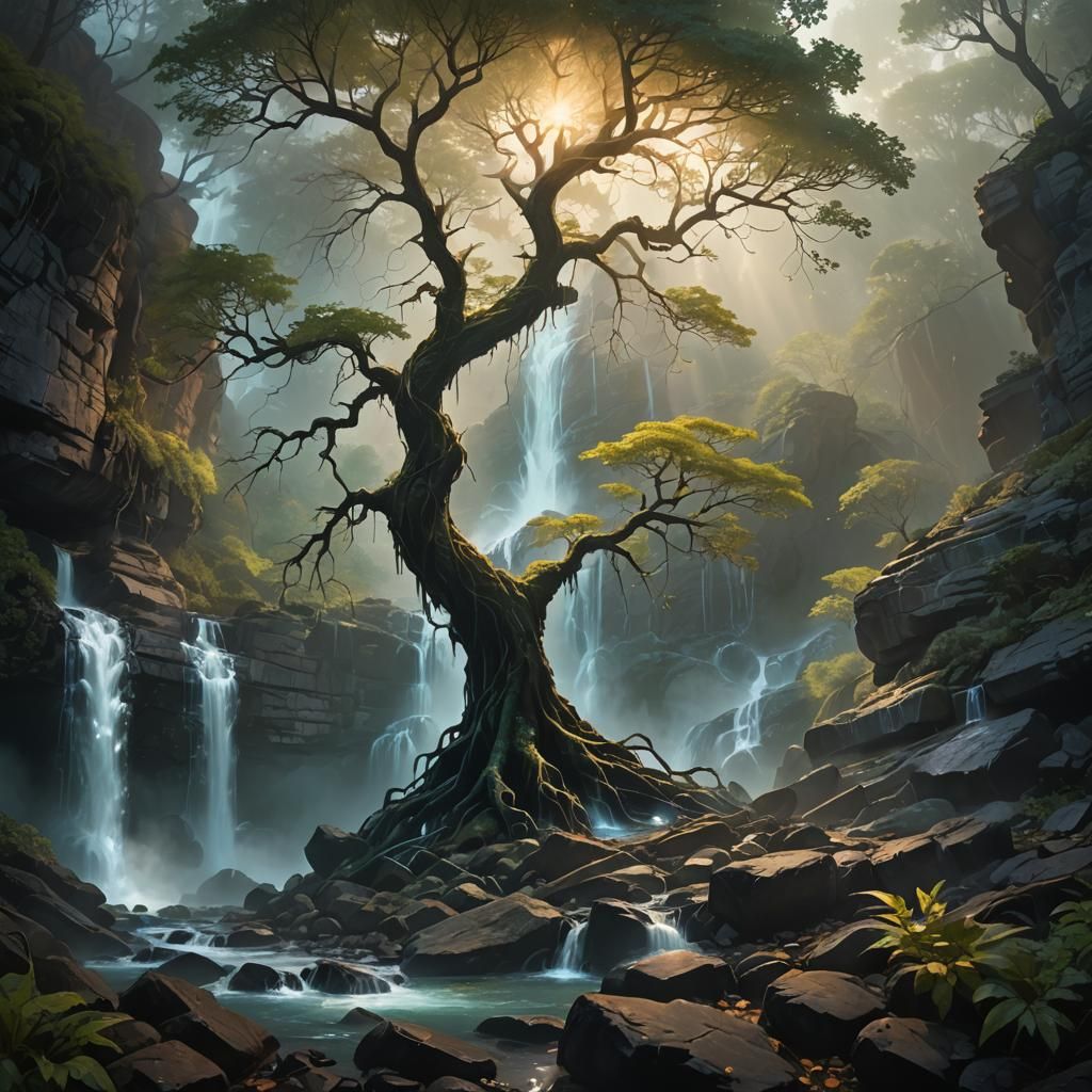 Mystical Glowing Tree Landscape with Waterfall