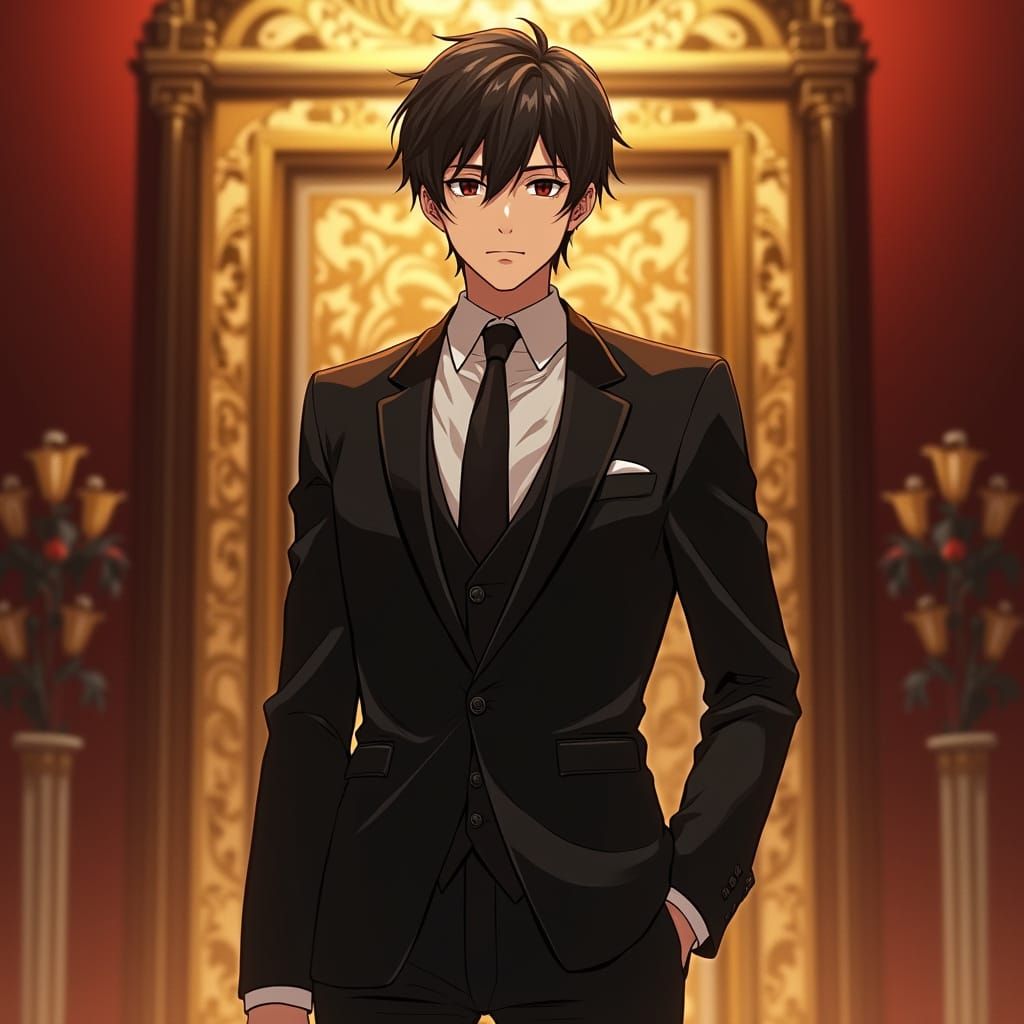 Debonair Anime Protagonist in Luxurious Gold and Crimson Man...