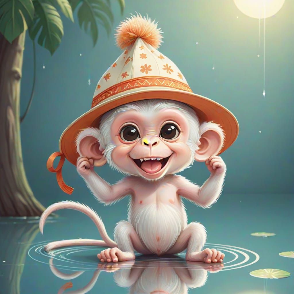 Albino Monkey Smiles at Reflection in Silly Hat