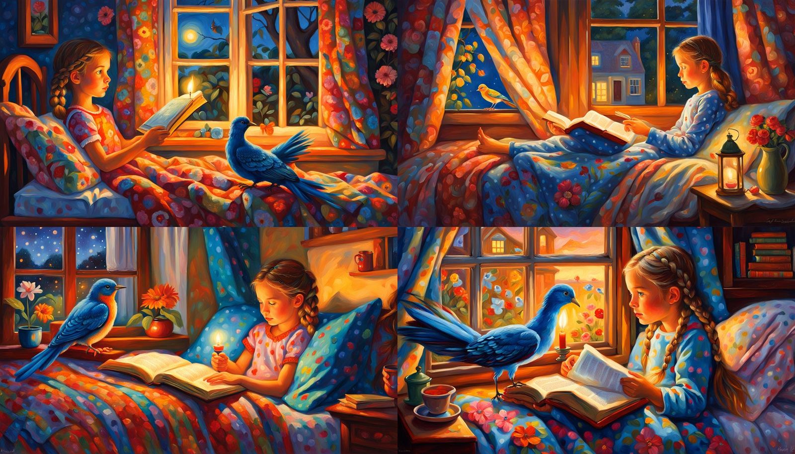 Girl Reading Bedtime Story: Vivid Oil Painting