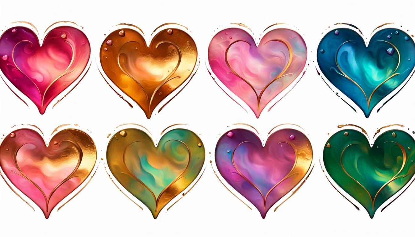 Art Nouveau Hearts with Watercolor and Gold Accents