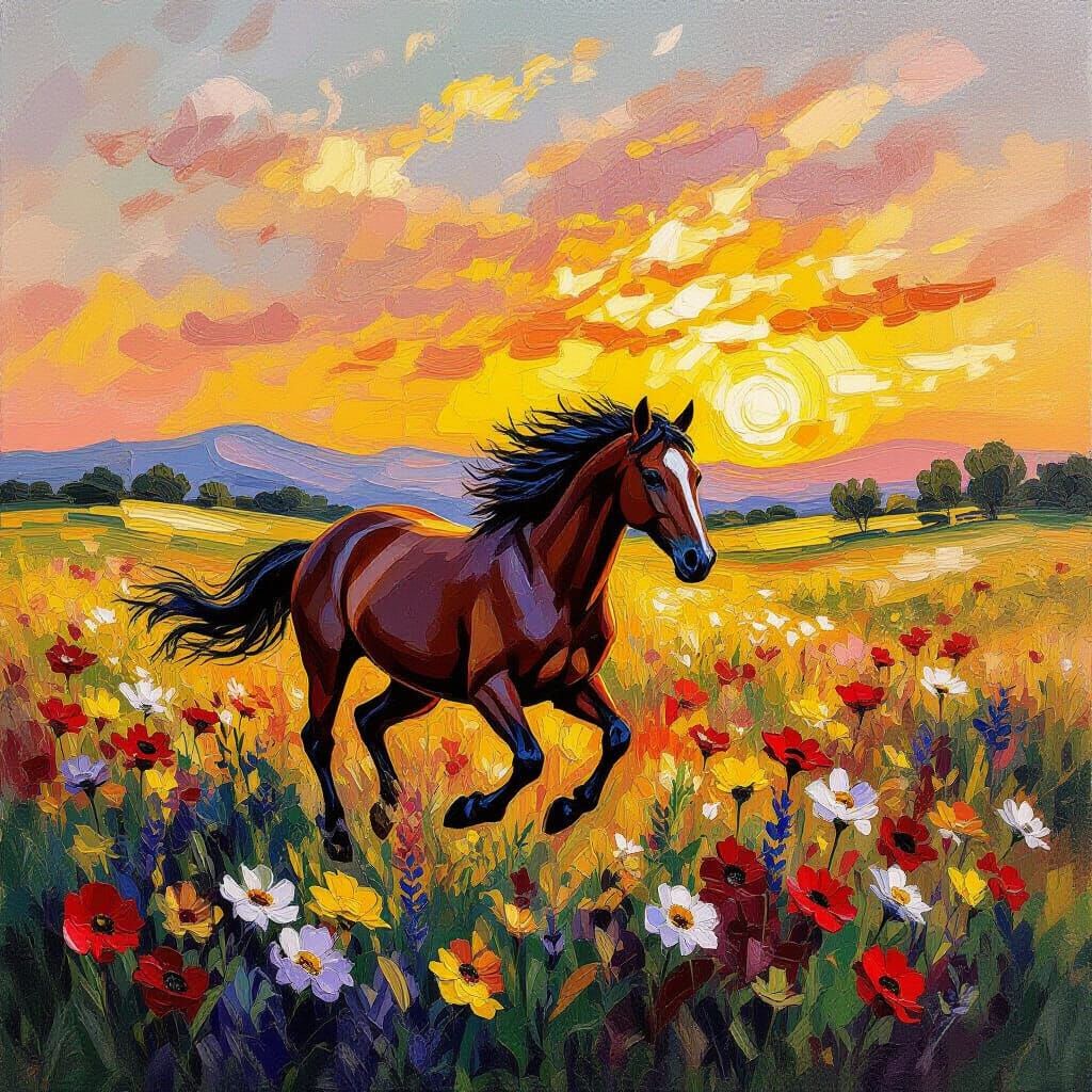 Wild Horse in Golden Hour Sunset, Impasto Acrylic