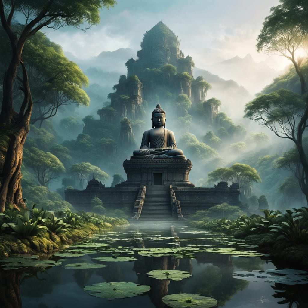 Buddha Statue Serenely Amidst Lush Jungle Temple Ruins in Ep...