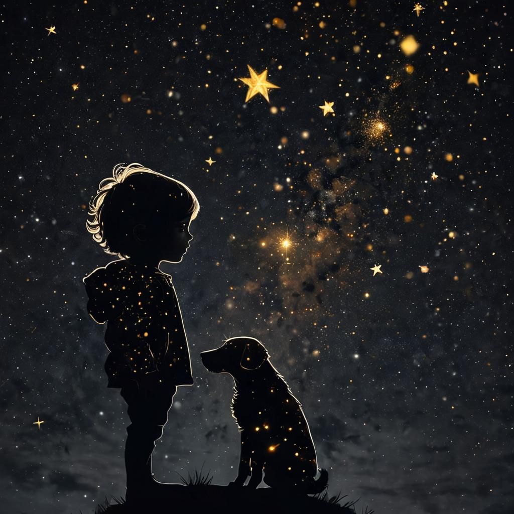 Child and Dog Silhouettes Under Starry Night Sky