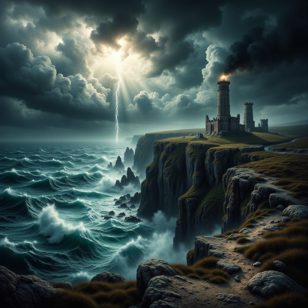 Dramatic Windswept Cliff Overlooking Stormy Sea