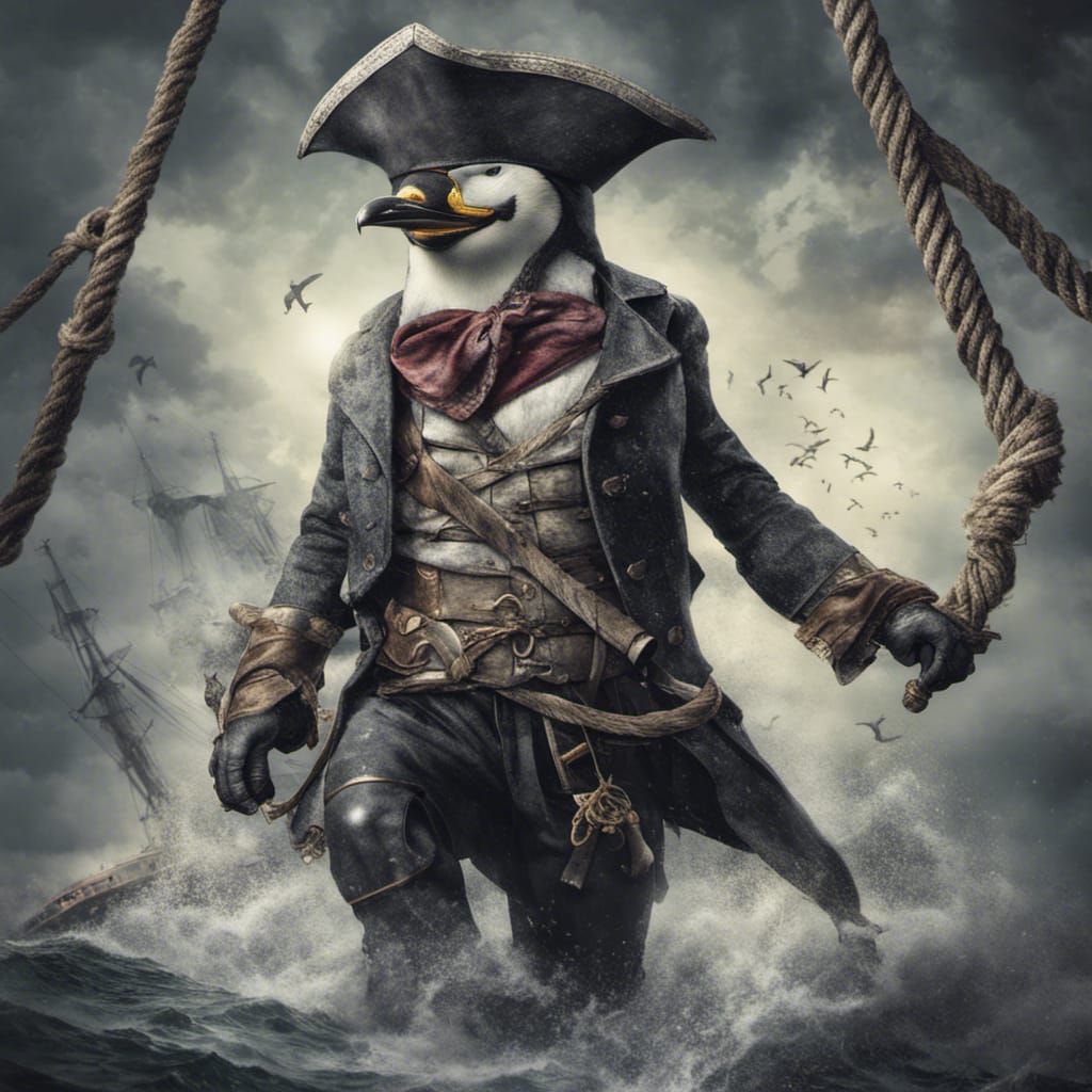 Hyperrealistic Penguin Pirate Captain Boards Ship
