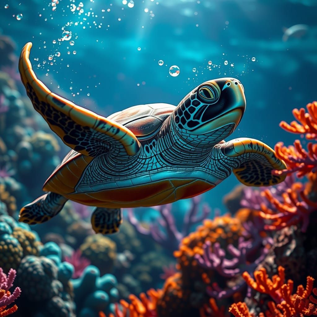 Sea Turtle Swimming Through Coral Reef as Splash Art