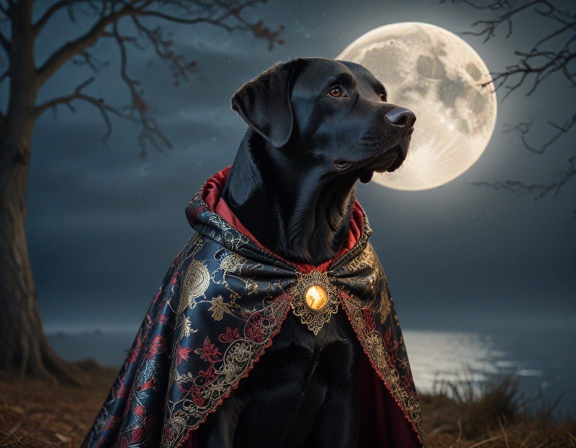 Labrador in Vampire Cape Under Full Moon
