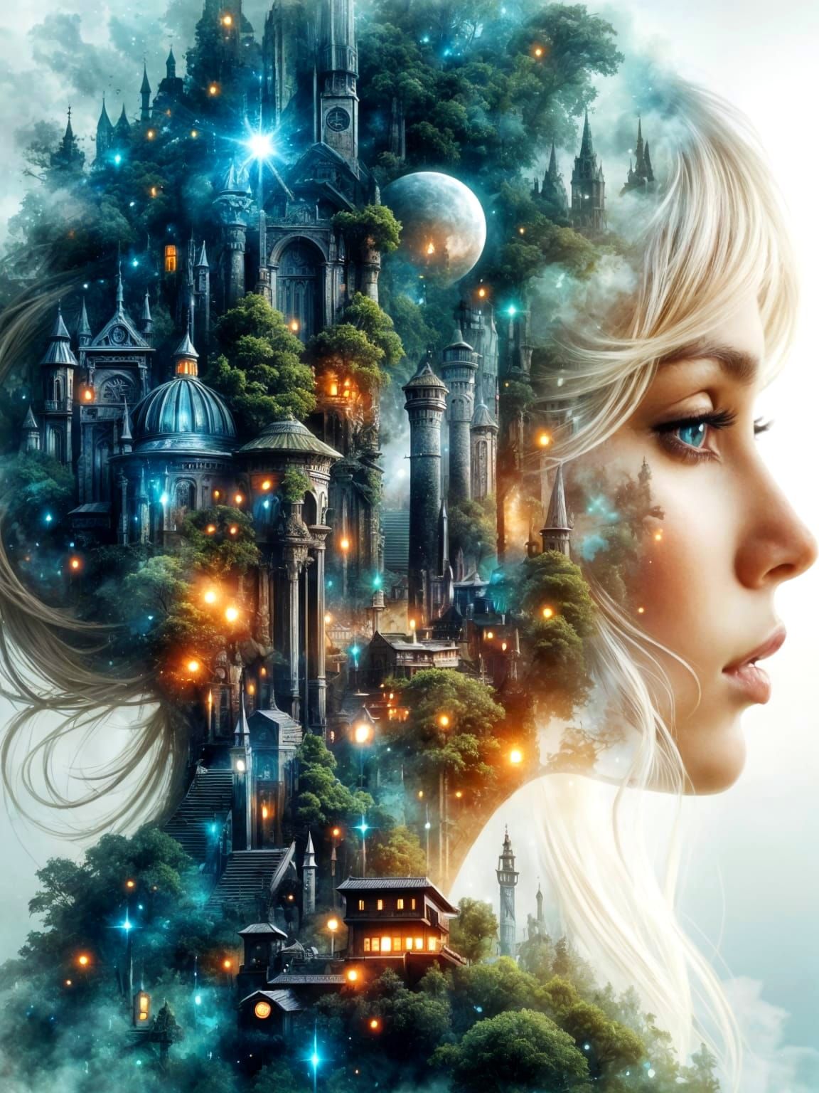 Double Exposure Portrait of Woman and Cityscape