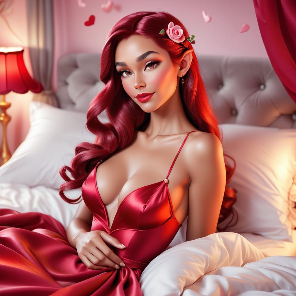 Sultry Red Haired Elf in Lacy Valentine's Day Gown