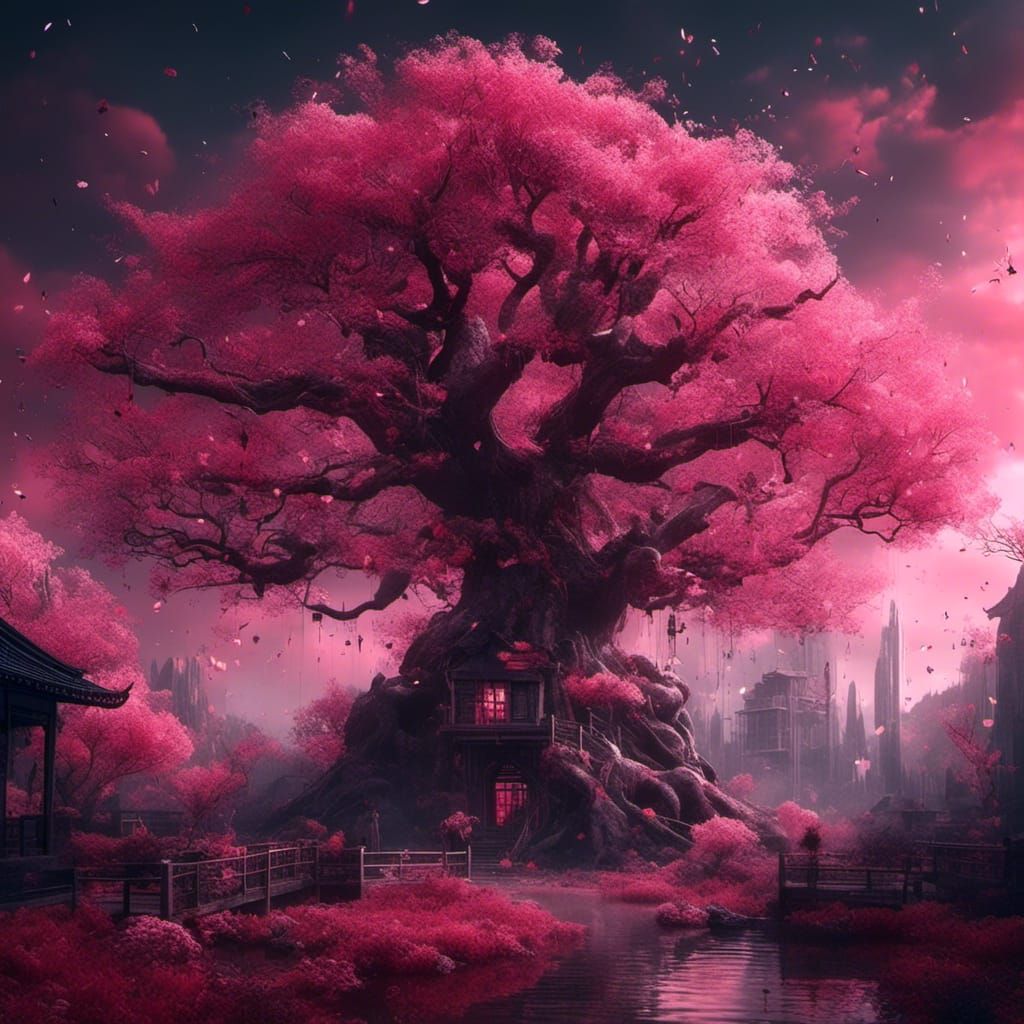 Elegant Dark Pink Sakura Tree with House