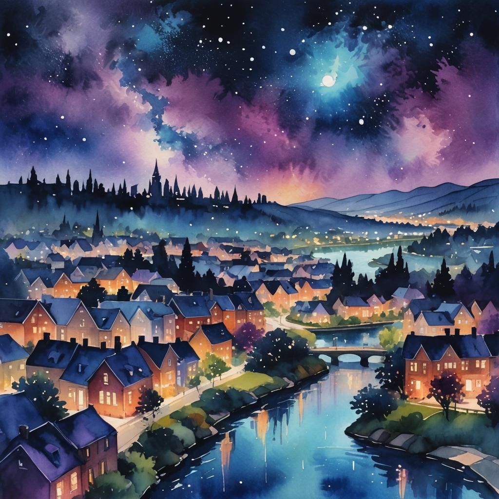 Night Cityscape in Gouache Watercolor Impressionism