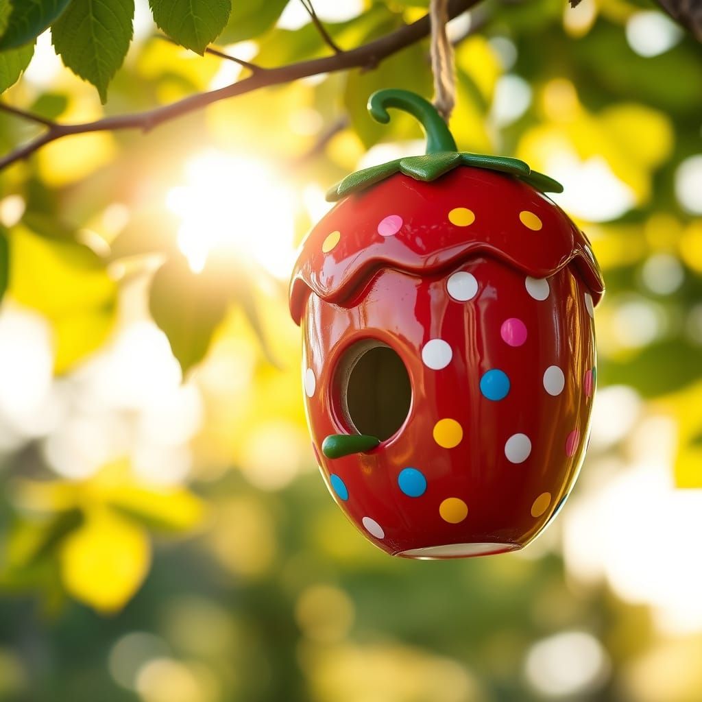Strawberry Birdhouse in Golden Sunlight: Professional Photog...