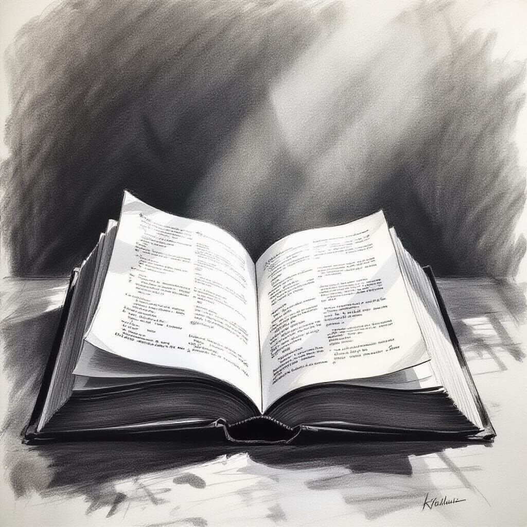 Hyperdetailed Charcoal Drawing of an Open Book