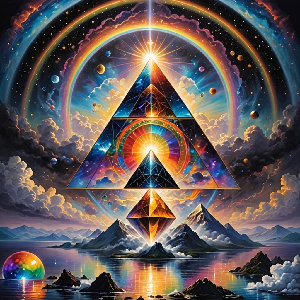 Iridescent Tesseract with Floating Cloud in Digital Art