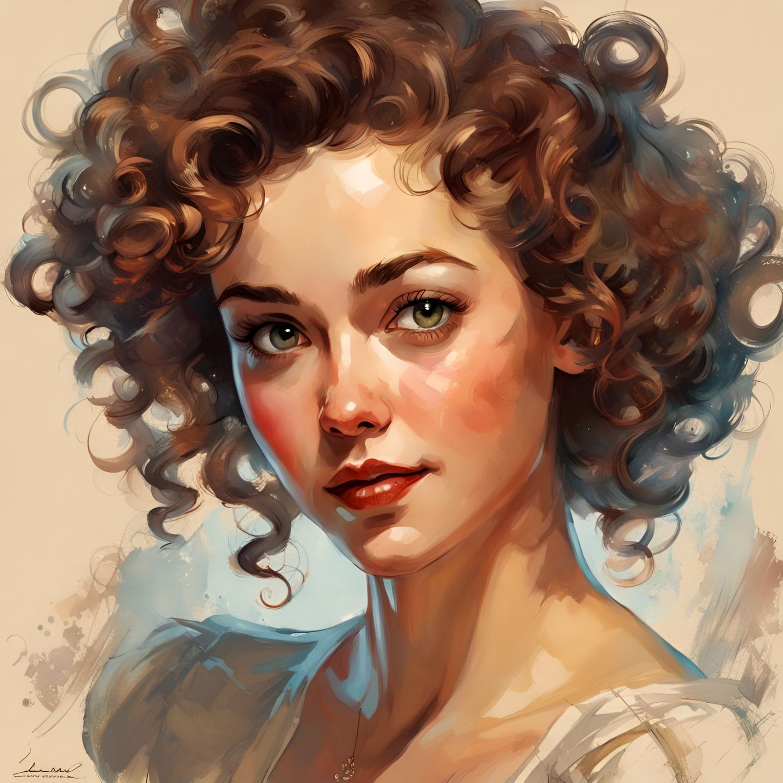 Portrait of Curly-Haired Woman in Pin-Up Style