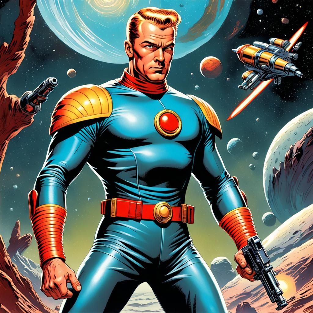 1940s Pulp Hero in Outer Space Comic Art