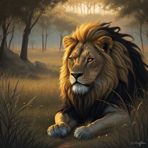 Lion in Savannah Grasslands: Surreal Digital Art