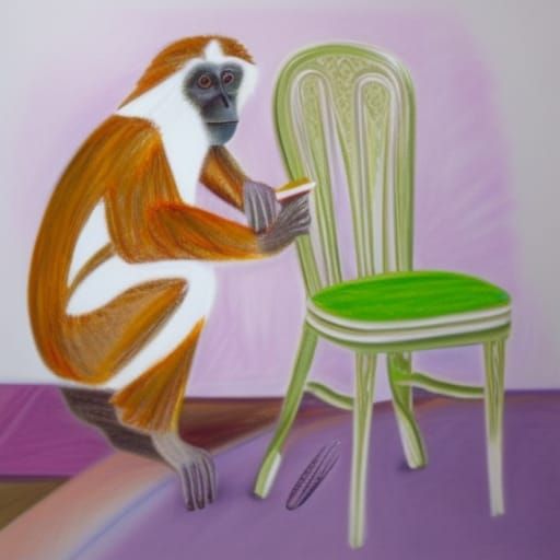 Cuscus Monkey and Green Chair in Oil Pastel