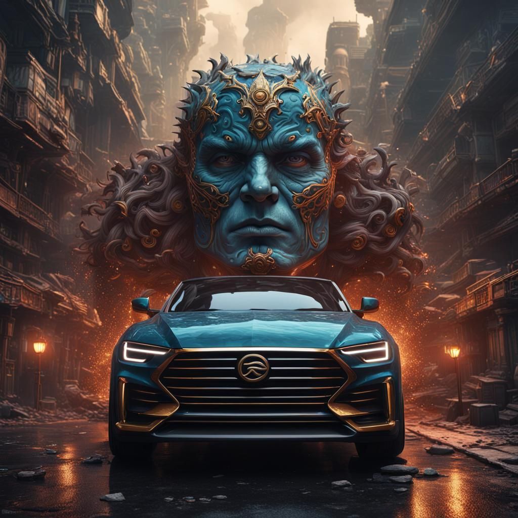 Car with Man Face: Detailed Matte Painting