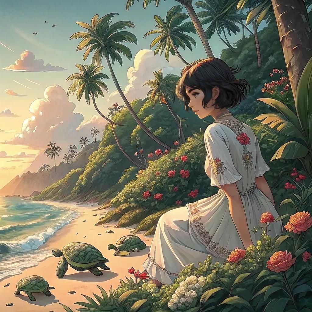 Anime Beach Sunset with Turtles