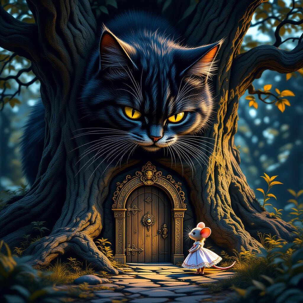 Ominous Cat Over Tiny Mouse in Dark Fantasy Style