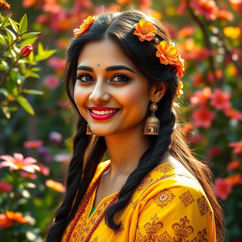 Elegant Indian Woman in Vibrant Spring Garden