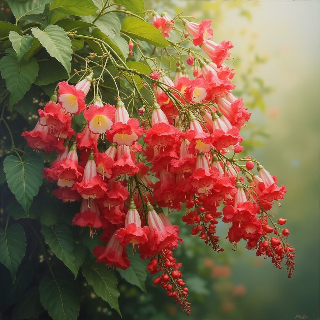 Museum Oil Painting of Cascading Crimson and White Blossoms