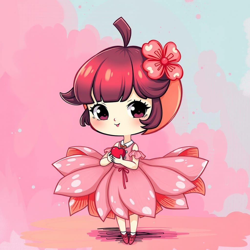 Peach Character in Pink Dress, Miyazaki-Inspired Art