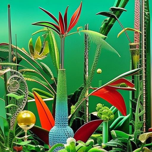Lush Jungle Scene with Murano Glass Elements