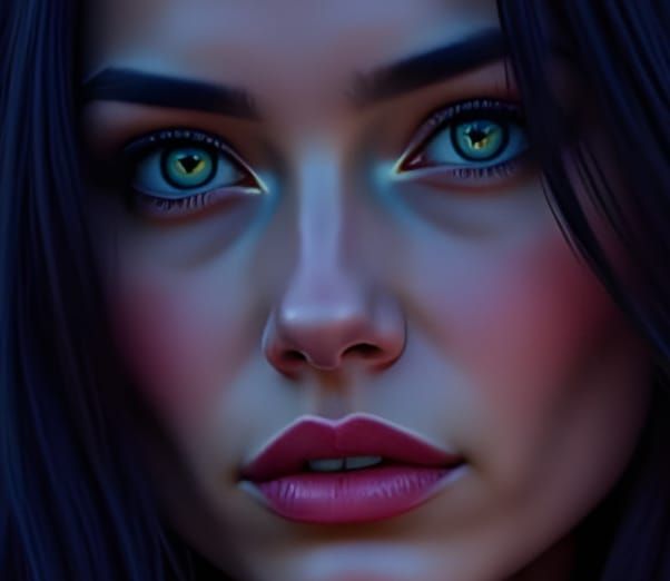 Woman with Long Dark Hair and Green Eyes in Golden Twilight