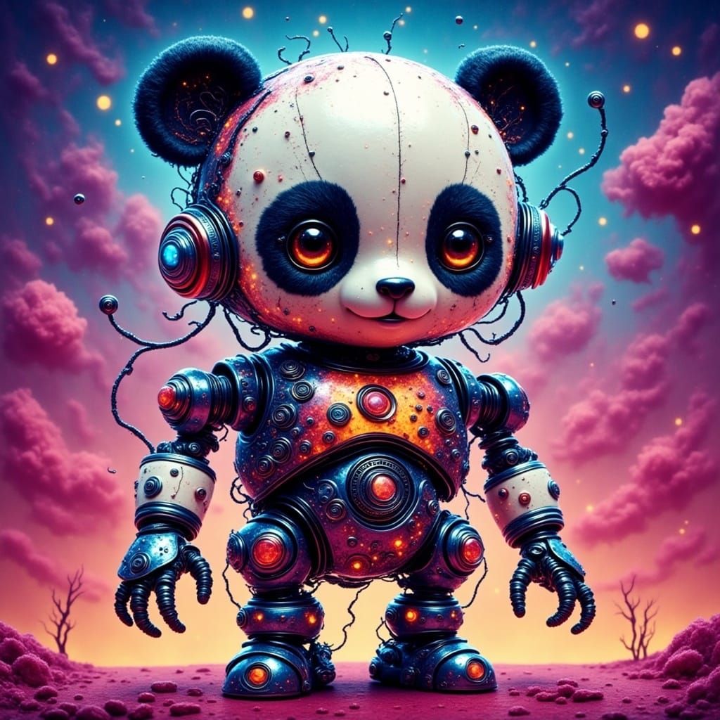 Vibrant Cyberpunk Panda Robot in Lisa Frank Style